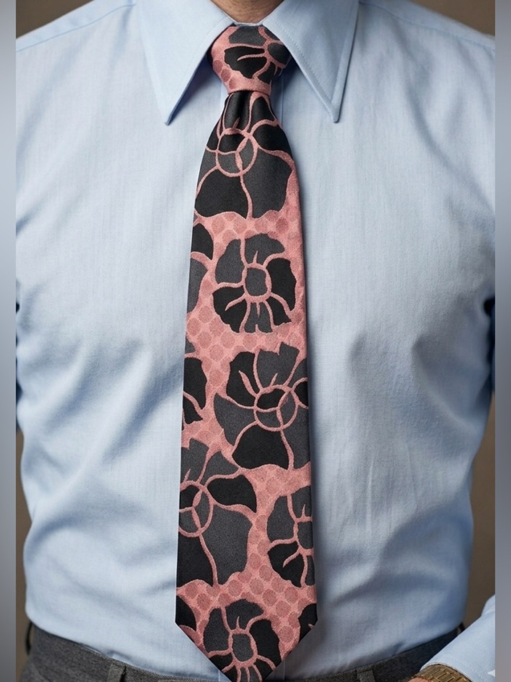 70s Vintage Wide 4in Floral Rose Charcoal BlackTie Renaldo by Jaymore 56 in